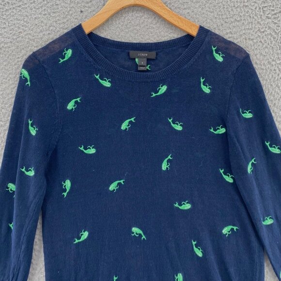 J Crew Sweater Womens Small Navy Whale Linen Embroidered 3/4 Sleeve Pullover - Picture 2 of 9